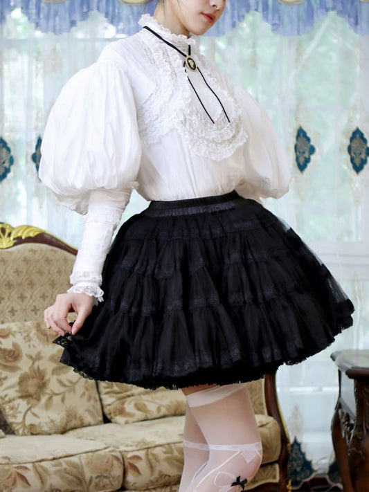 White Black Lace Trim Vintage Tiered Skirt