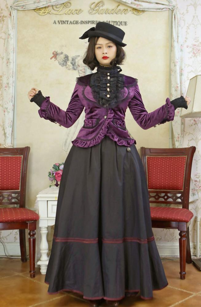 Dark Purple Lace-up Velvet Jacket and Black Vintage Skirt Set