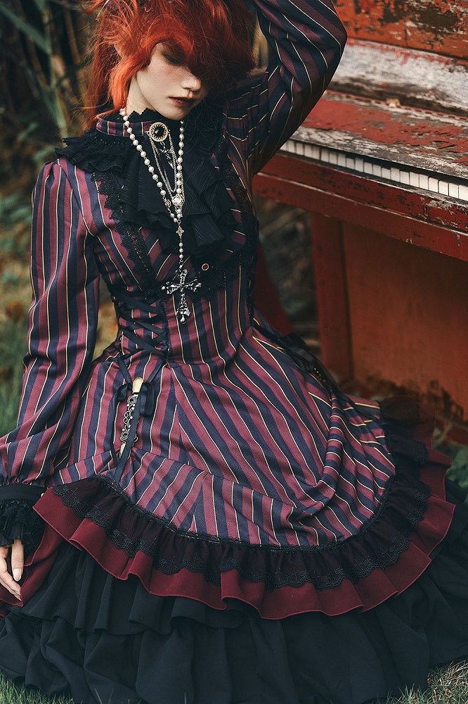 with Striped Lace-Up Gothic Petite Ruffle Collar Lolita Dress Waist