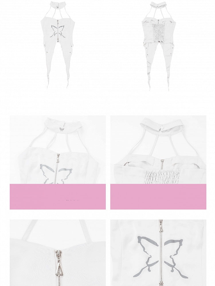 Irregular Cropped White Sleeves Print Set Top+Butterfly Top+Lace-up Halter