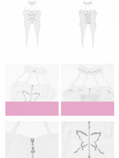Irregular Cropped White Sleeves Print Set Top+Butterfly Top+Lace-up Halter