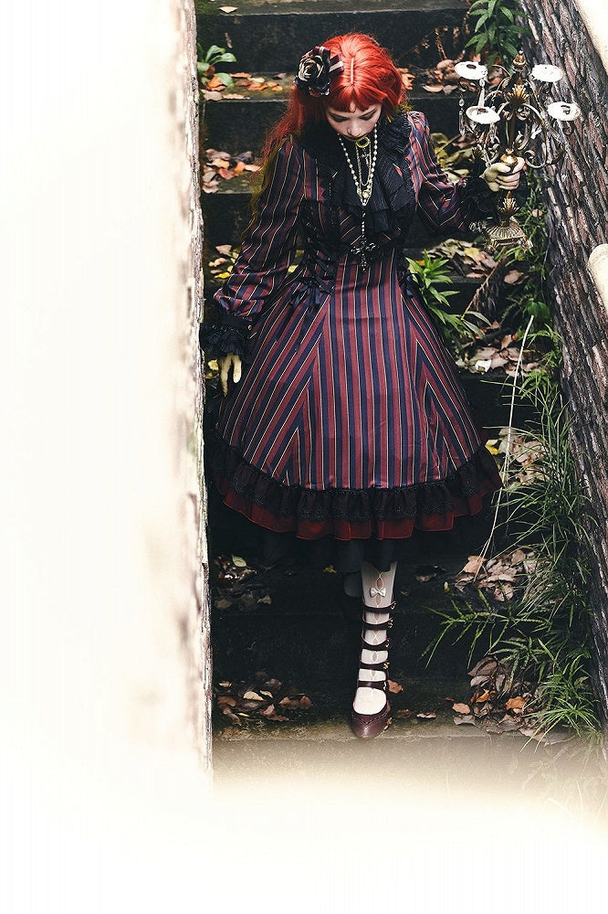 with Striped Lace-Up Gothic Petite Ruffle Collar Lolita Dress Waist