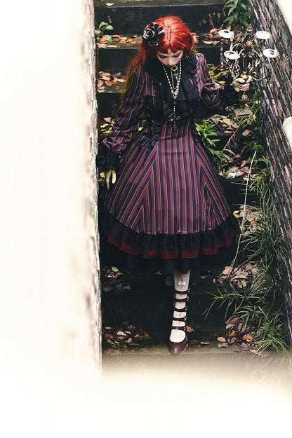 with Striped Lace-Up Gothic Petite Ruffle Collar Lolita Dress Waist