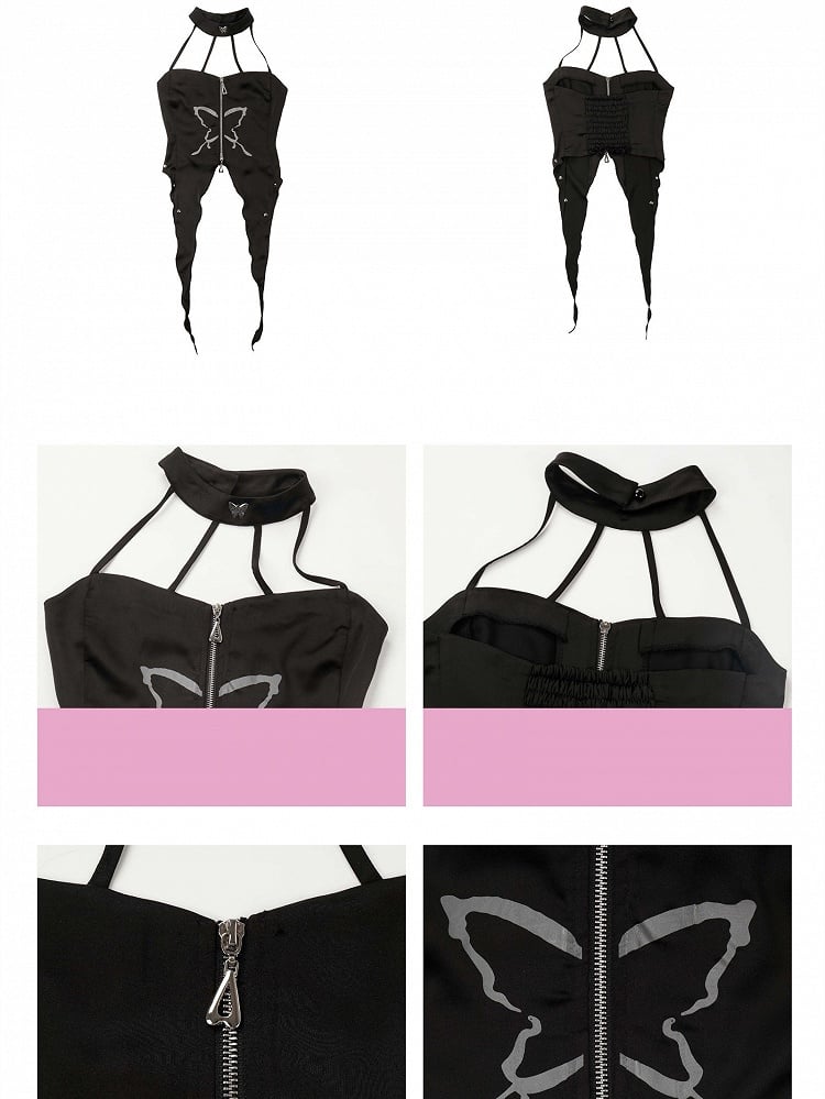 Cropped Top+Lace-up Set Irregular Print Black Halter Top+Butterfly Sleeves