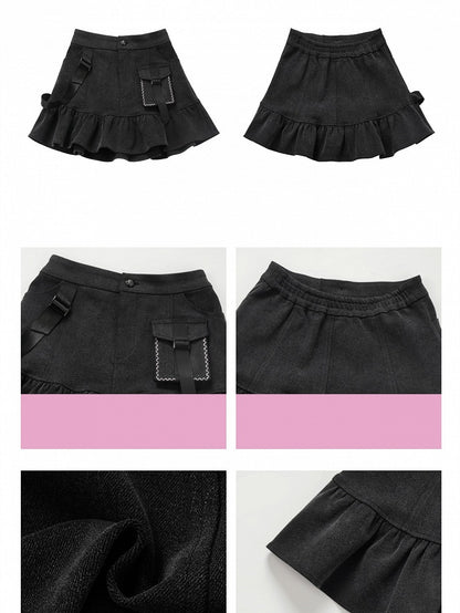 Denim Ruffle Hem Skirt Gray Mini Dark