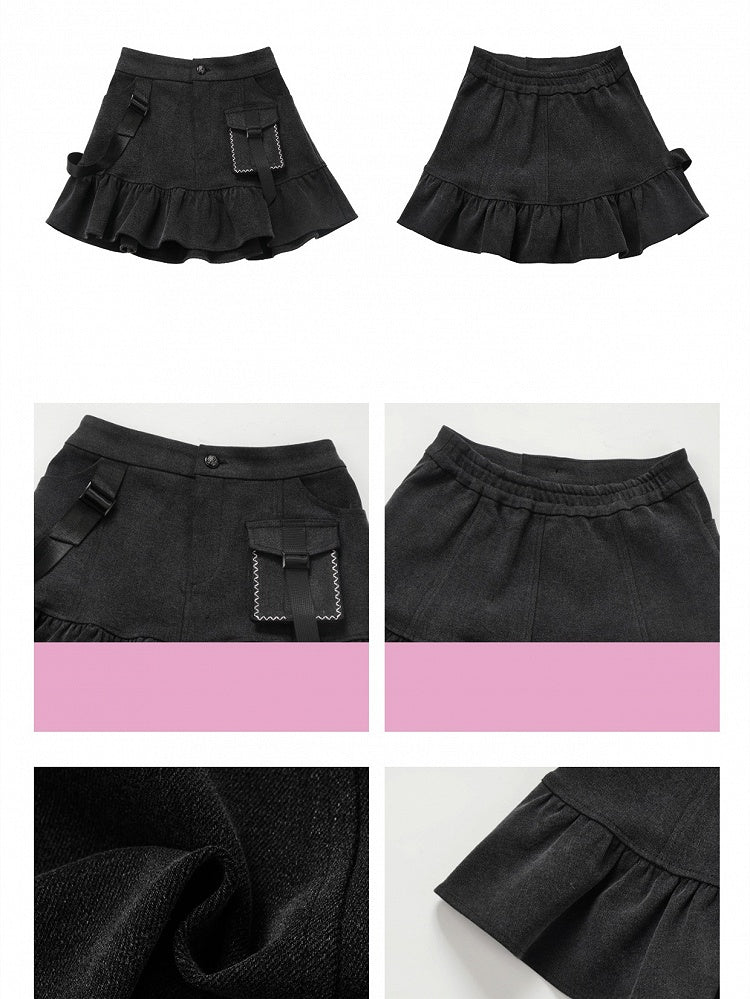 Gray Denim Ruffle Hem Skirt Dark Mini