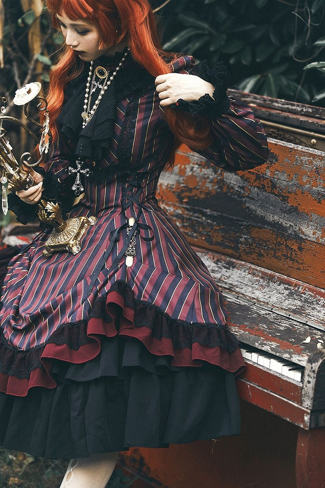 with Striped Lace-Up Gothic Petite Ruffle Collar Lolita Dress Waist