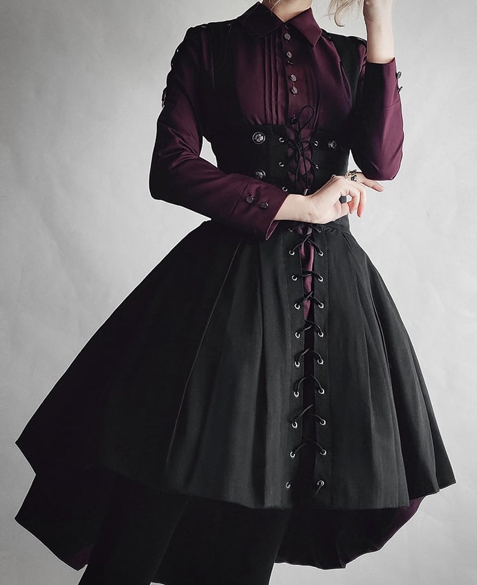 Dark Red Pleating Placket Black Patch Shirt