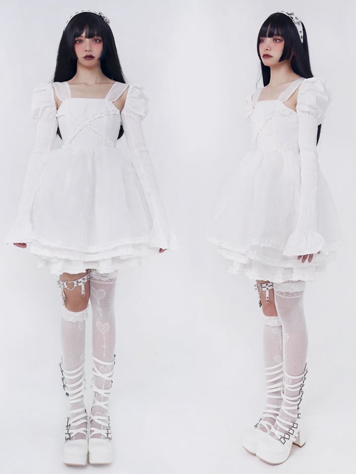 Leg-of-Mutton Sleeves Tiered Skirt White Dress