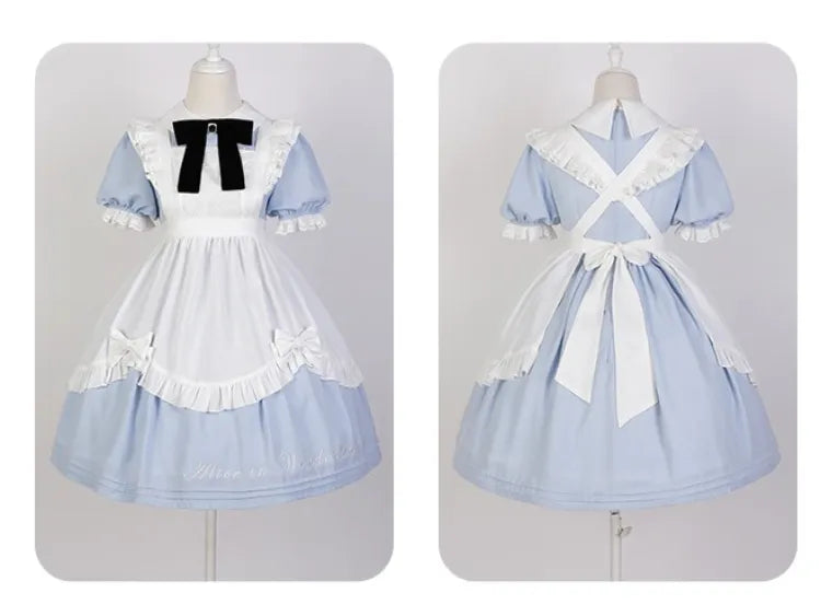 Robe de soubrette bleue Sax d'Alice au pays des merveilles avec tablier blanc
