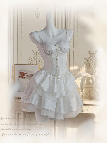 White Rosettes Brooch Boned Corset Top