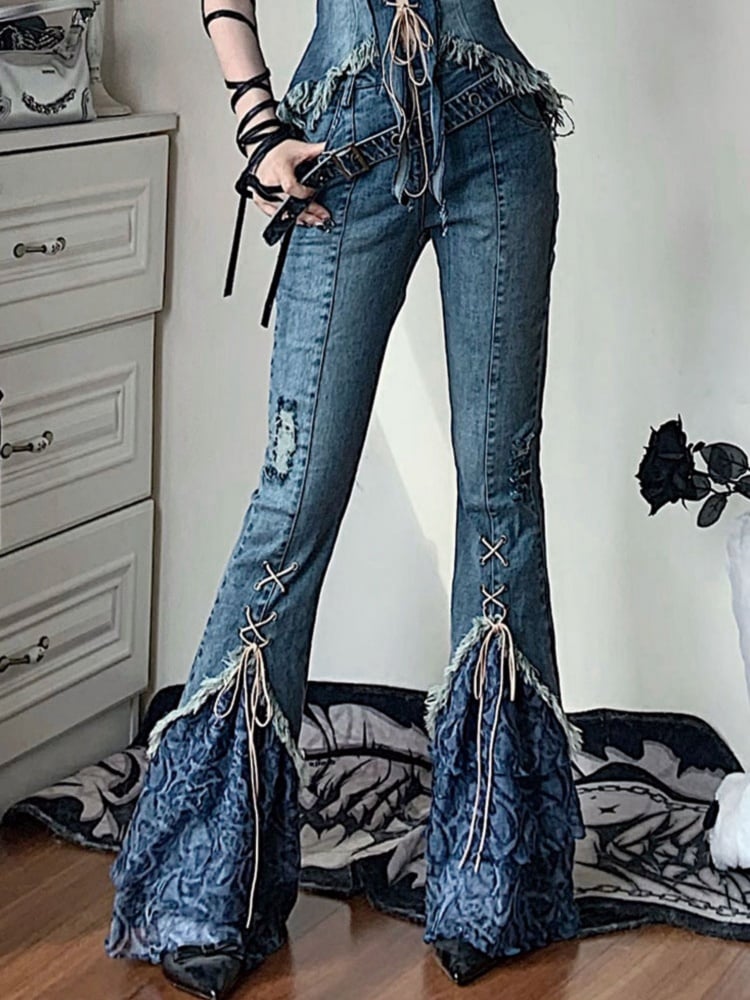 Patchwork Lace-up Denim Flare Pants