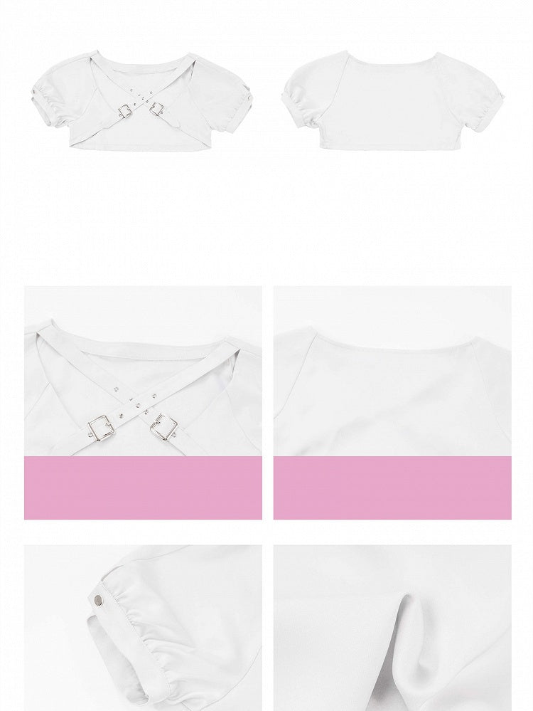 Irregular Cropped White Sleeves Print Set Top+Butterfly Top+Lace-up Halter