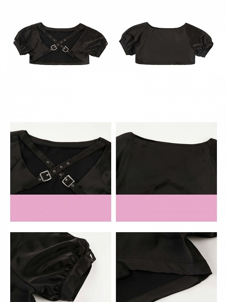 Cropped Top+Lace-up Set Irregular Print Black Halter Top+Butterfly Sleeves