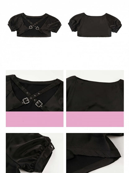 Cropped Top+Lace-up Set Irregular Print Black Halter Top+Butterfly Sleeves