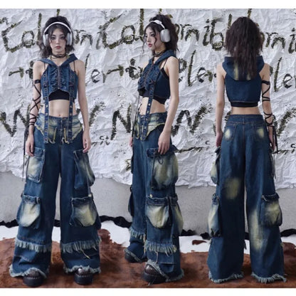 Cargo Punk Wash Wasteland Faded Pockets Jeans Wide Leg