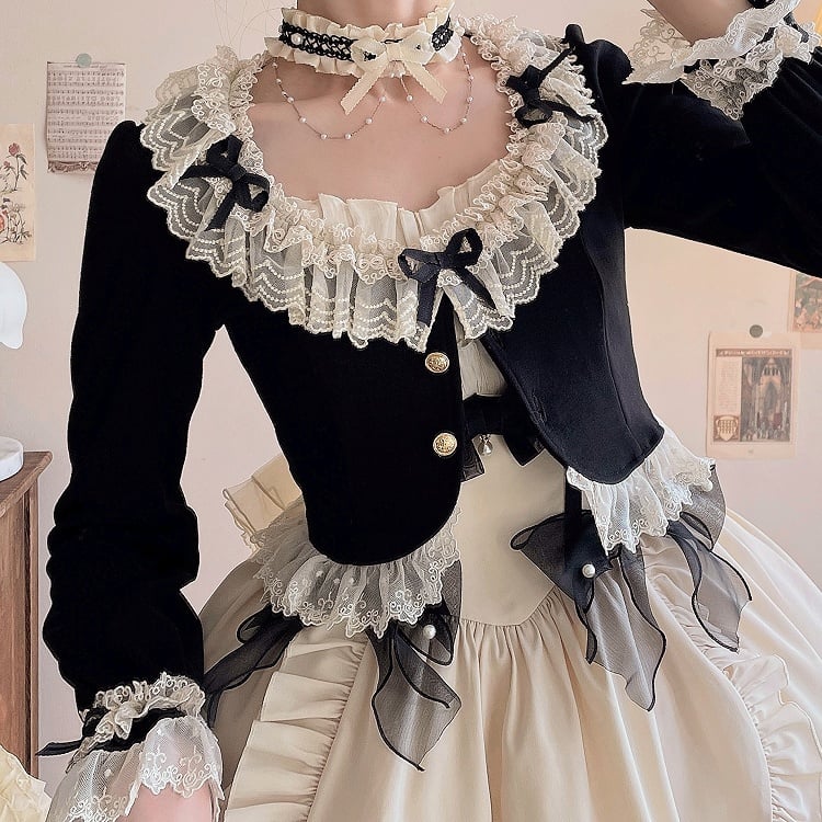 Bow Sleeves Black Long Cozy Cardigan with Lace Trim Delicate Accents and