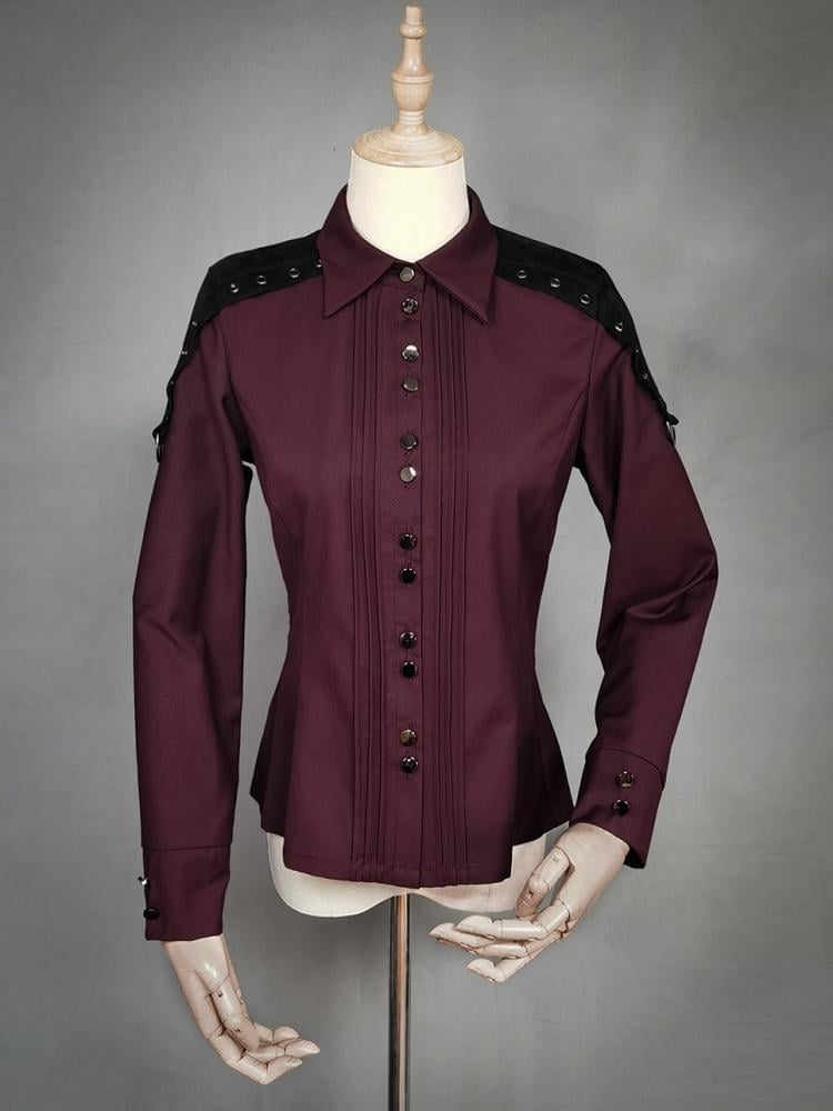 Dark Red Pleating Placket Black Patch Shirt