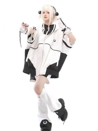 Black and White Full Zip Jacket Elbow-length Sleeves Jirai Kei Sweatershirt without Hoodie