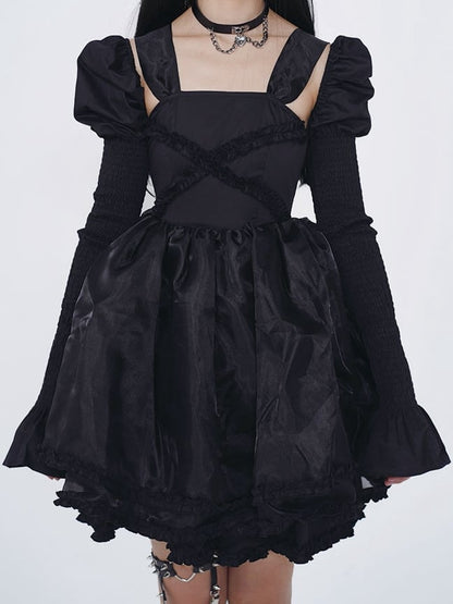 Leg-of-Mutton Sleeves Tiered Skirt Black Dress