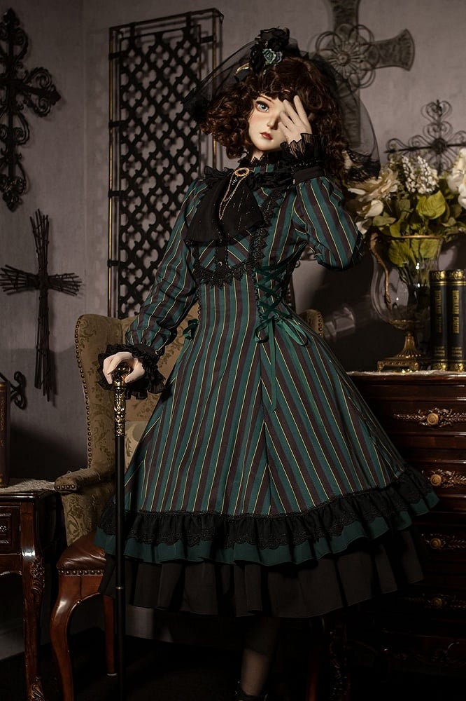 with Striped Lace-Up Gothic Petite Ruffle Collar Lolita Dress Waist