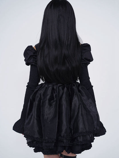 Leg-of-Mutton Sleeves Tiered Skirt Black Dress