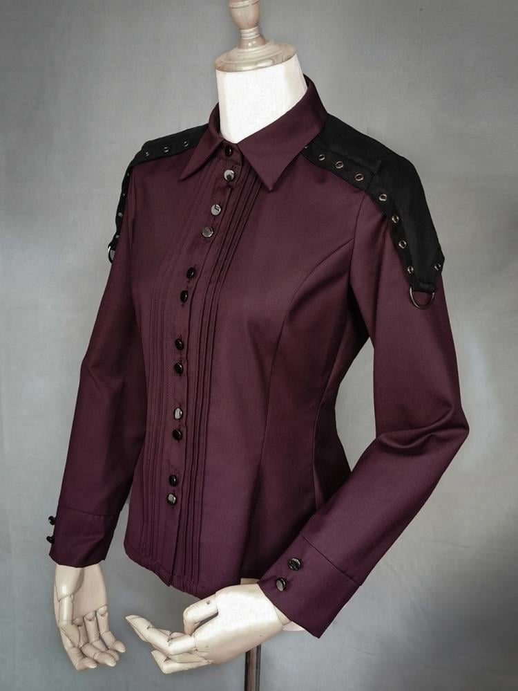 Dark Red Pleating Placket Black Patch Shirt