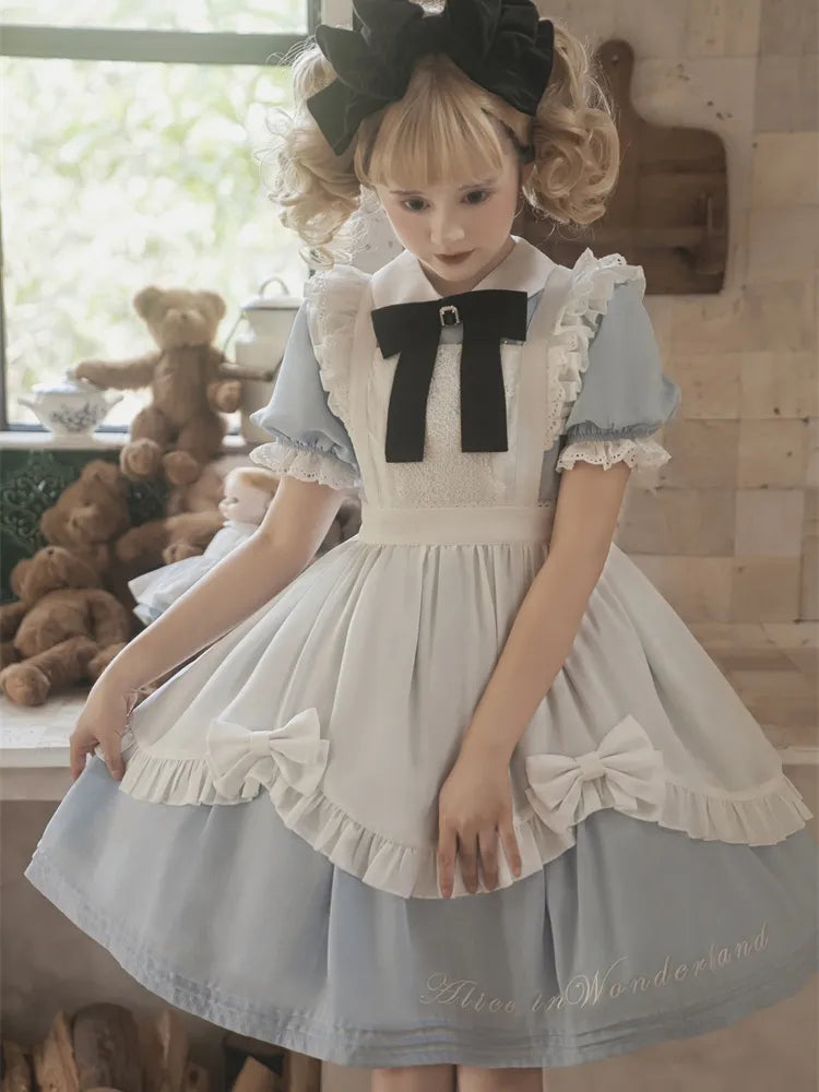 Robe de soubrette bleue Sax d'Alice au pays des merveilles avec tablier blanc