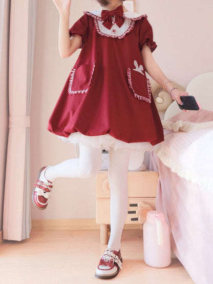 Wine Red Bunny Ears Peter Pan Collar Bubble Skirt Dress