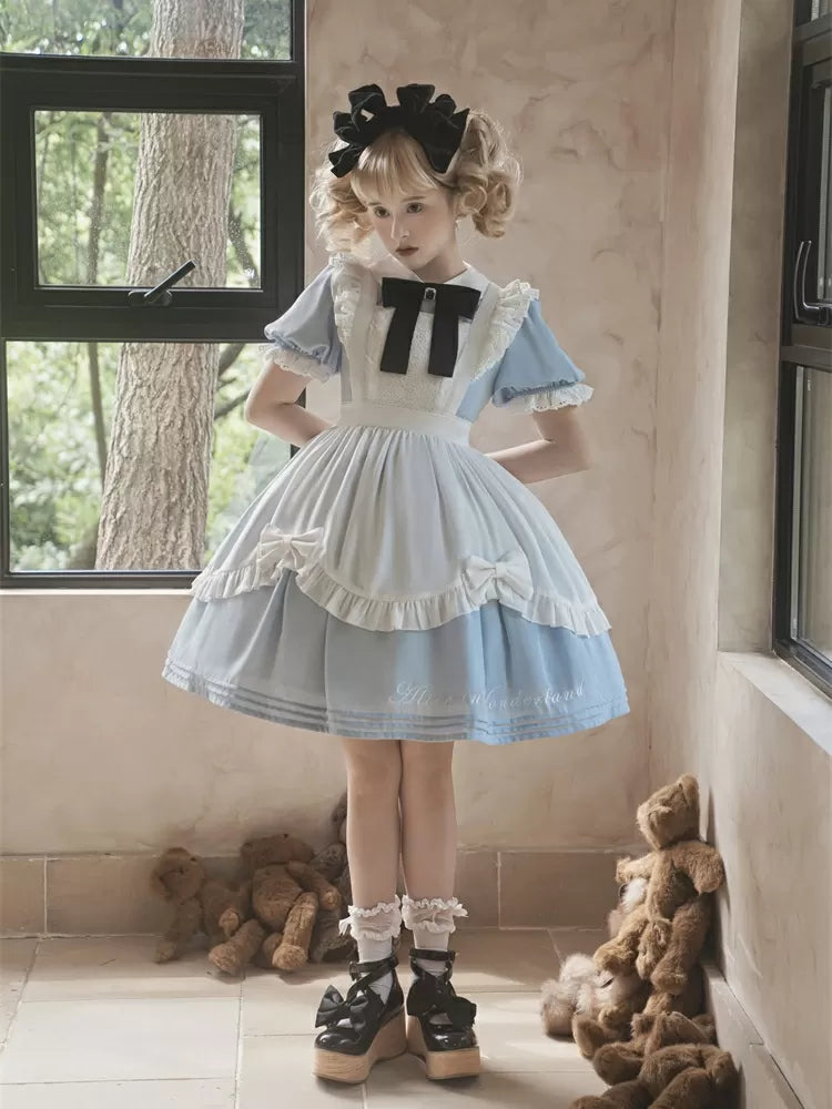 Robe de soubrette bleue Sax d'Alice au pays des merveilles avec tablier blanc
