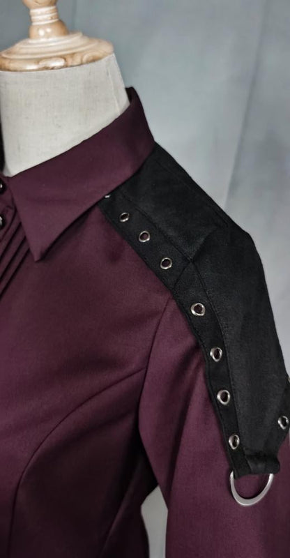 Dark Red Pleating Placket Black Patch Shirt