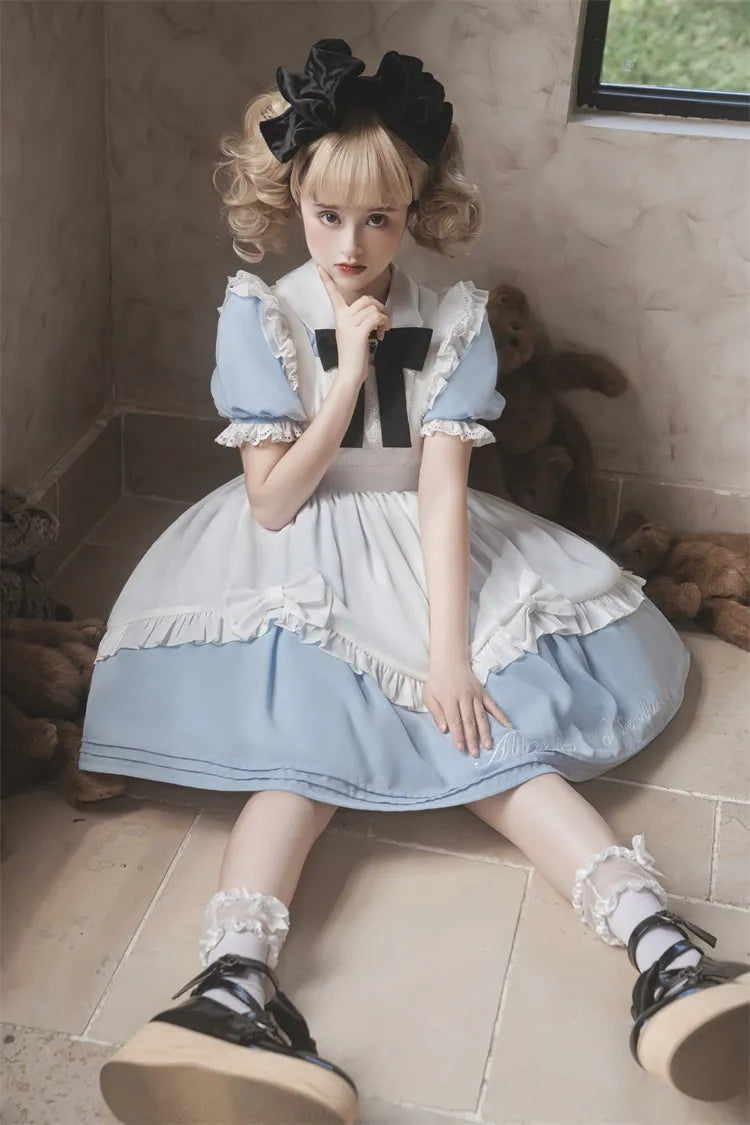 Robe de soubrette bleue Sax d'Alice au pays des merveilles avec tablier blanc