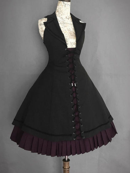 Plus Size Friendly-Black Blazer Collar Halter Gothic Jumper Skirt