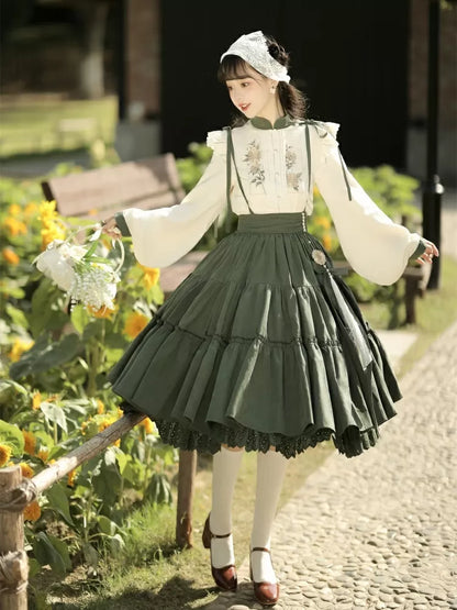 mit Stickerei Set Grün Stufenrock Sonnenblume Sonnenblumen Beige Charm + Bluse