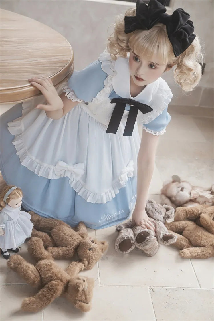 Robe de soubrette bleue Sax d'Alice au pays des merveilles avec tablier blanc
