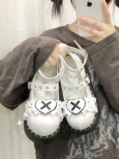 Sweetheart Sanctuary Heart-shaped Buckle Straps Chain White Lolita Platforms