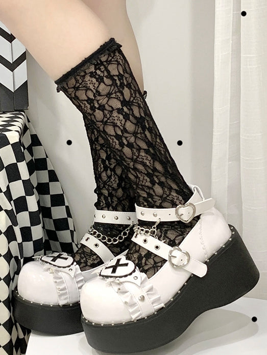 Sweetheart Sanctuary Heart-shaped Buckle Straps Chain White Lolita Platforms