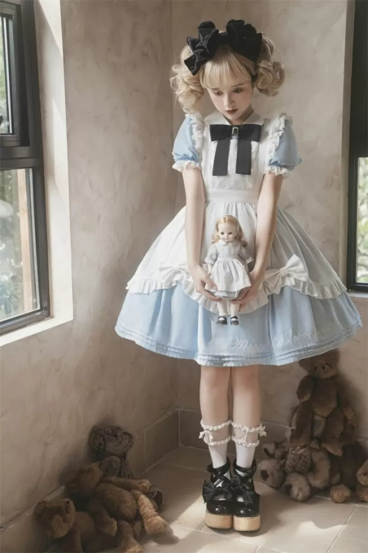 Robe de soubrette bleue Sax d'Alice au pays des merveilles avec tablier blanc