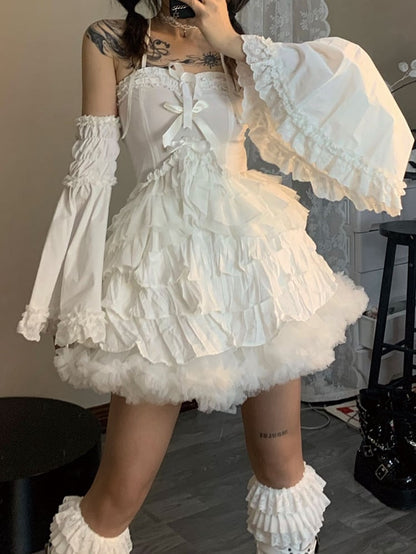 White Tiered Ruffle Hem Top with Bowknots