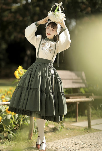 Sunflowers Embroidery Set + Tiered Sunflower Blouse Skirt Green with Charm Beige