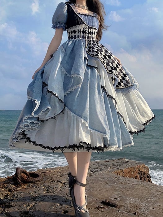 Blue Asymmetrical Checkerboard Lolita Dress Alice in Wonderland Vibes Long Version