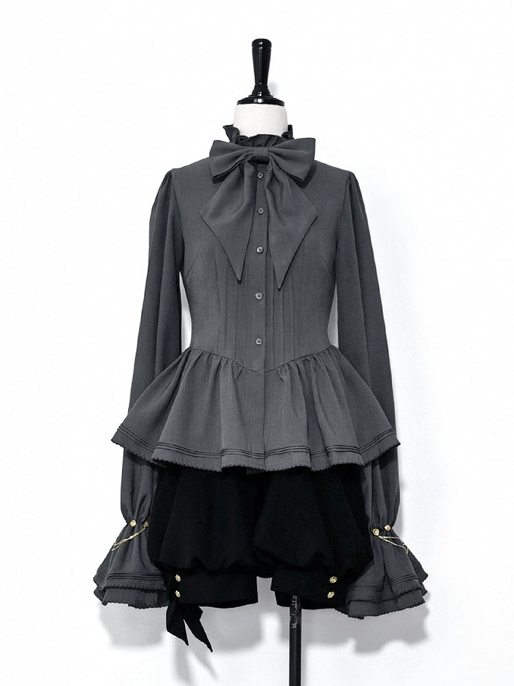Lolita Shirt Gray Poet Sleeves Ruffle Fashion Ouji Neckline Bishop
