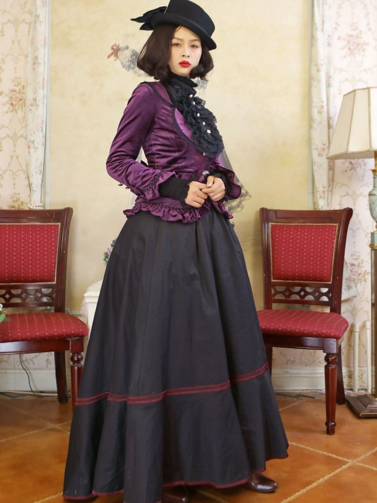 Dark Purple Lace-up Velvet Jacket and Black Vintage Skirt Set