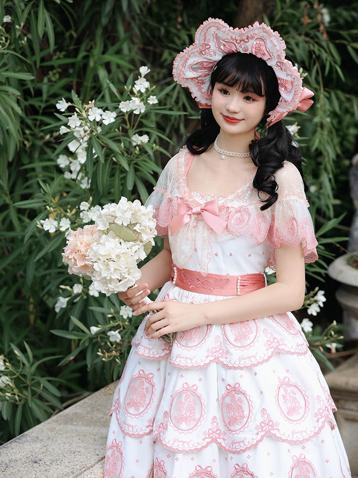 White Backless Pink Edge Scalloped Elegant Embroidery Lolita Tiered Dress Tulip Skirt and