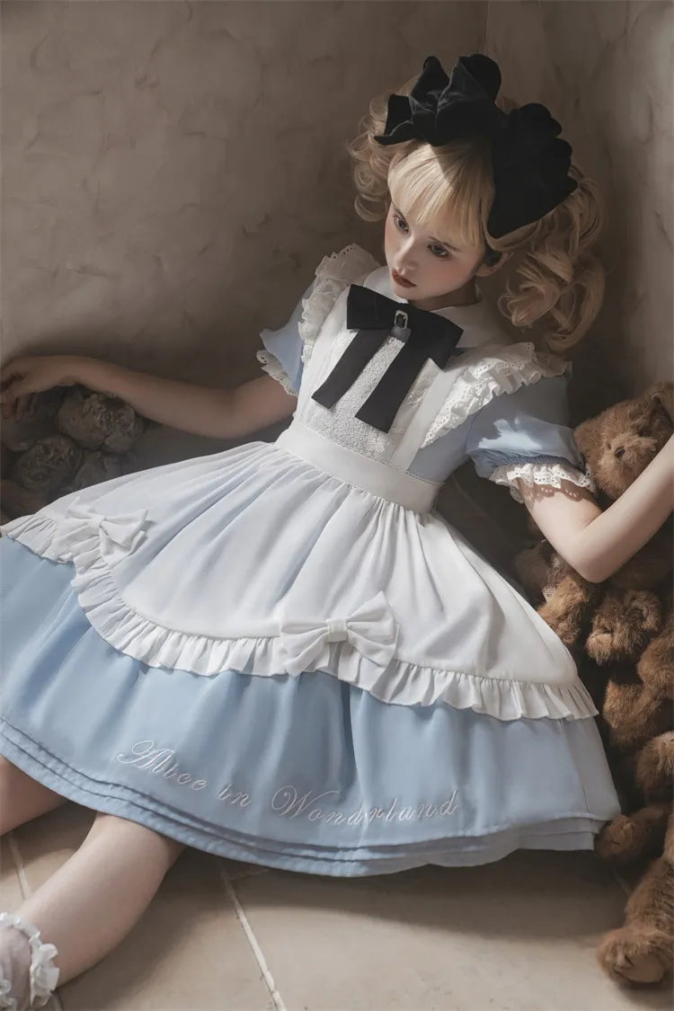 Robe de soubrette bleue Sax d'Alice au pays des merveilles avec tablier blanc
