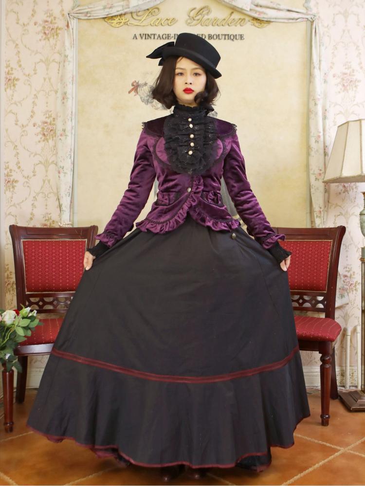 Dark Purple Lace-up Velvet Jacket and Black Vintage Skirt Set