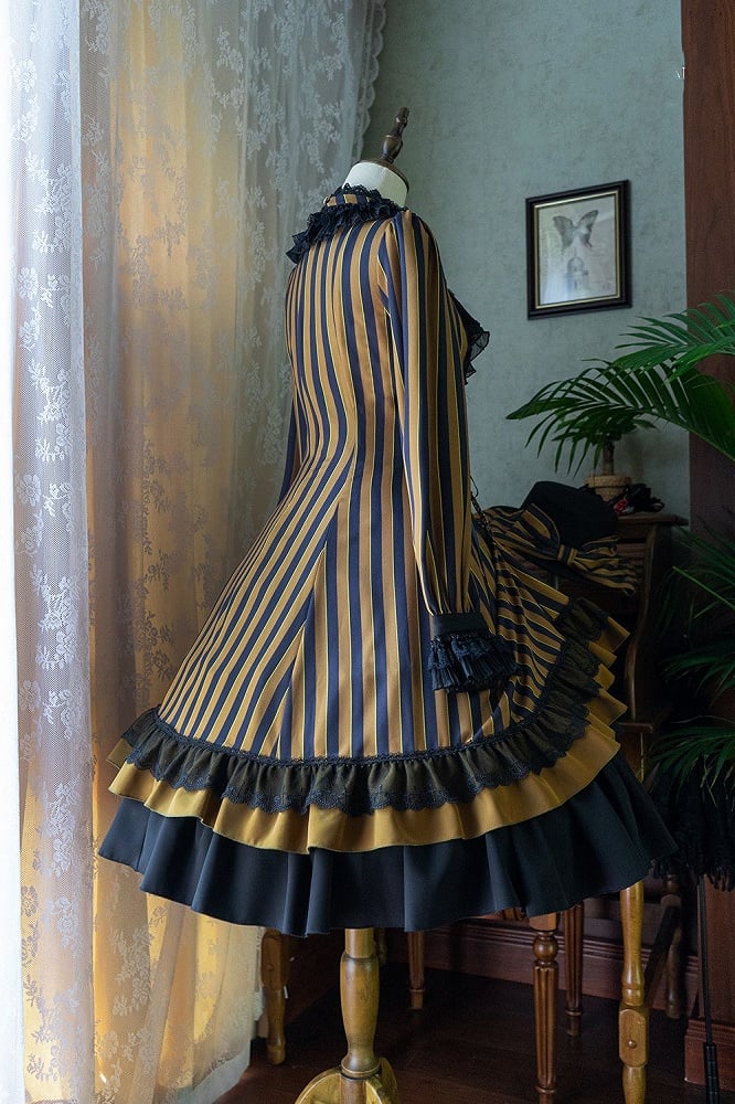 with Striped Lace-Up Gothic Petite Ruffle Collar Lolita Dress Waist