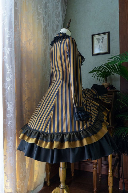 with Striped Lace-Up Gothic Petite Ruffle Collar Lolita Dress Waist
