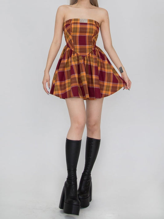 Kariertes Kleid trägerlos rot und gelb Mädchen Spice Campus