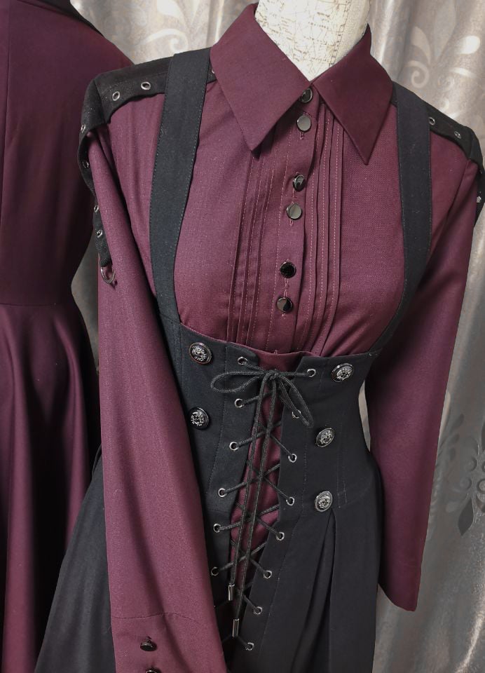 Dark Red Pleating Placket Black Patch Shirt